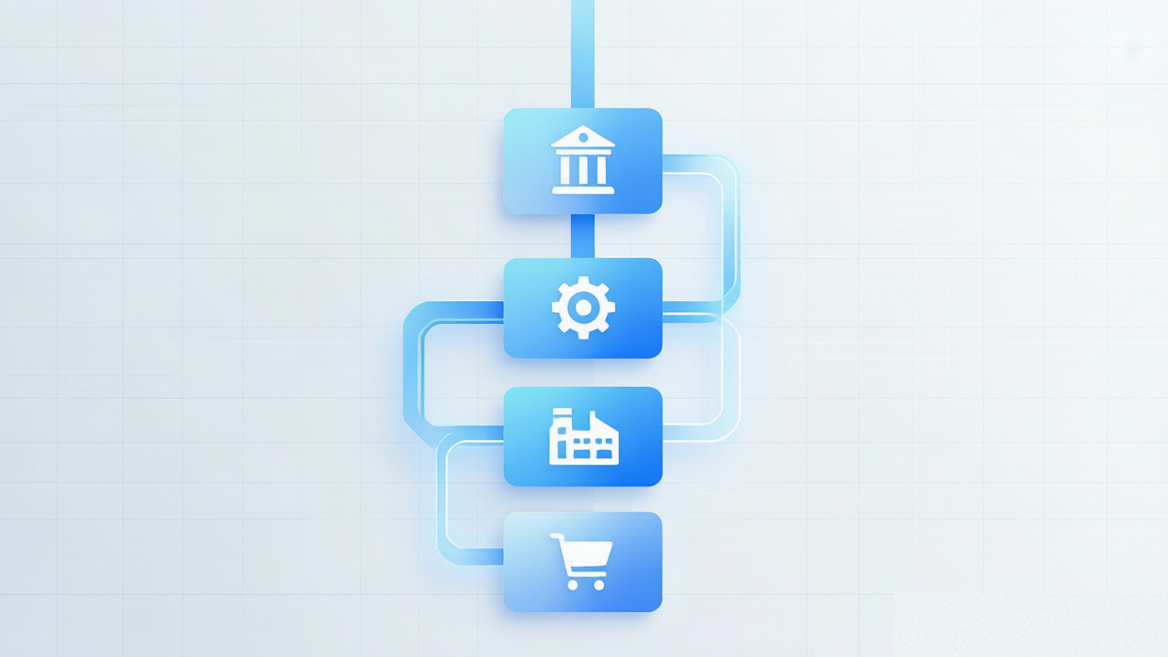 四块企业类型卡片对应不同方案路径分叉的不同类型企业适配方案插画